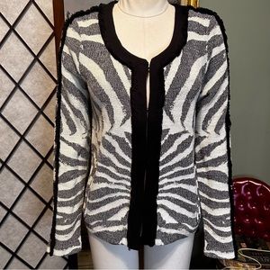 INC White Blk Gold Metallic Zebra Fringe Sweater Zip Pocket Cardigan